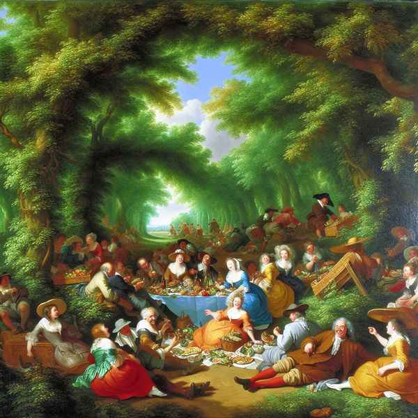 Vrolijke picknick in de natuur Lustige picknick in een schaduwrijke vallei met mensen, voedsel en drank