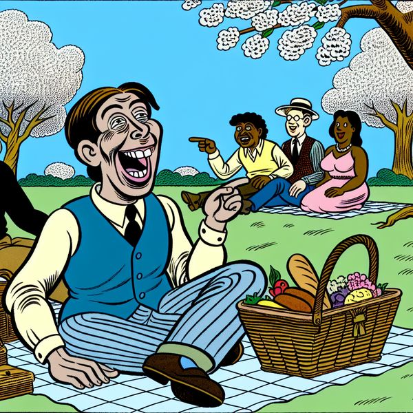 Een vrolijke cartoonachtige scène met een lachend personage dat geniet van een zonnige dag in het park met vrienden en een picknickmand vol heerlijk eten.