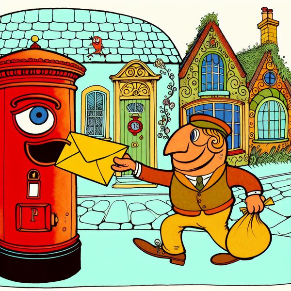 Postbus met gezicht: vrolijke postbezorging in cartoonstijl voor taalonderwijs Vrolijke, antropomorfe postbus met een gezicht waar een hand een grote envelop in stopt, in een speelse postkantoorscène in cartoonstijl