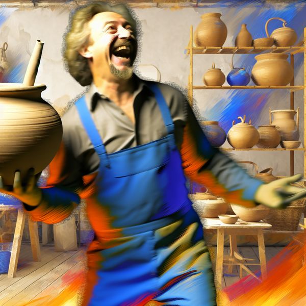 Vrolijke pottenbakker met nieuwe pot - Geluk en Succes Een vrolijke persoon die een prachtig gemaakte pot vasthoudt, omringd door een workshop vol pottenbakkersmaterialen