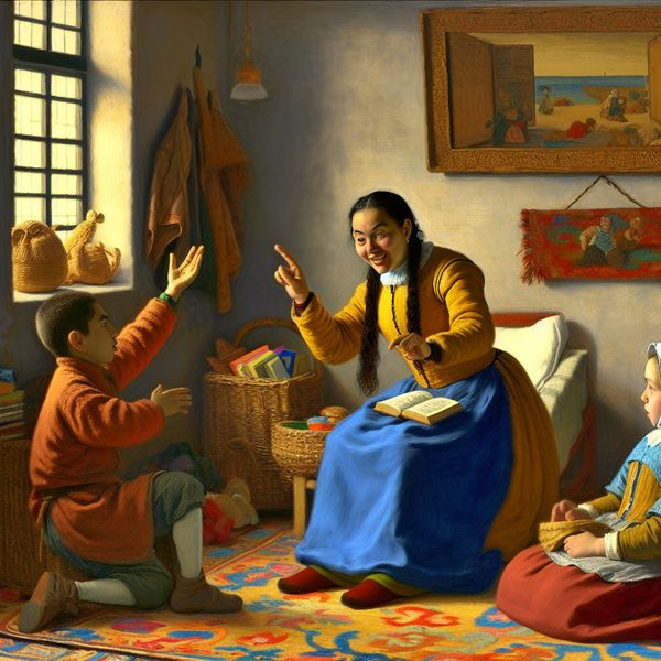 Een vrolijke psycholoog praat met twee kinderen op een kleurrijk vloerkleed in een gezellige woonkamer.