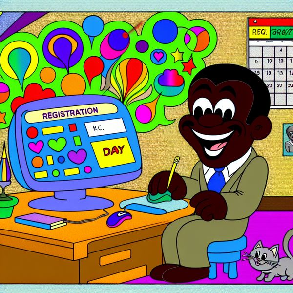 Vrolijke cartoonillustratie van een personage dat enthousiast een account aanmaakt op een computer, omgeven door kleurrijke online icoontjes.