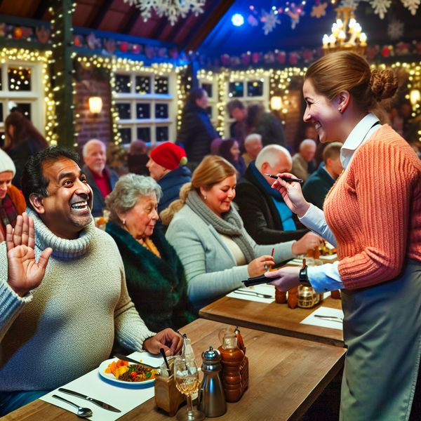 Vrolijke restaurant scene met klant en ober Een vrolijke man in een restaurant die zijn hand opsteekt om de aandacht van een ober te trekken, tijdens een druk diner. Achtergrond met sfeervolle verlichting en een open haard.