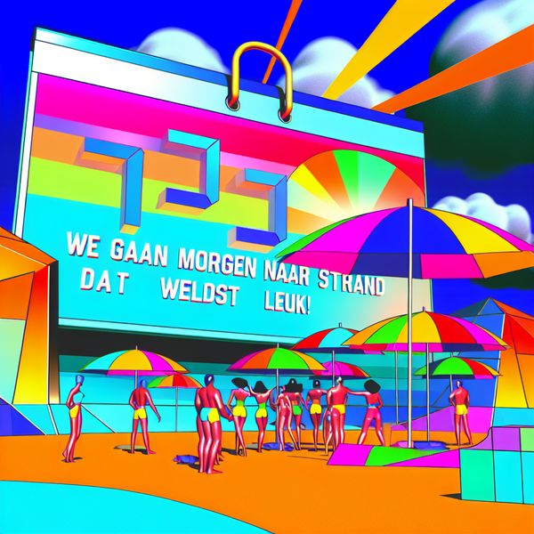 Vrolijke retro-futuristische strandscene met een kalender Een retro-futuristische illustratie van een zonnig strand met kleurrijke parasols en blije mensen, met een grote kalender waarin 'Morgen' gemarkeerd is.