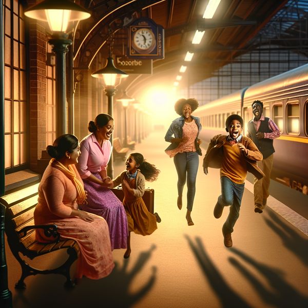 Vrolijke reünie op een treinstation tijdens de schemering Een moeder omarmt haar kinderen terwijl zij blij naar haar toe rennen in een druk treinstation tijdens de schemering, terwijl vrienden elkaar verwelkomend begroeten.