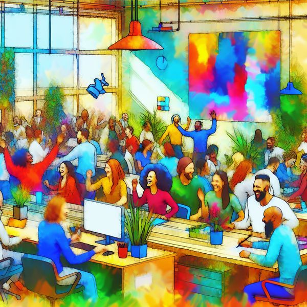 Een levendig kantoor waar medewerkers vrolijk samenwerken in een positieve werksfeer.