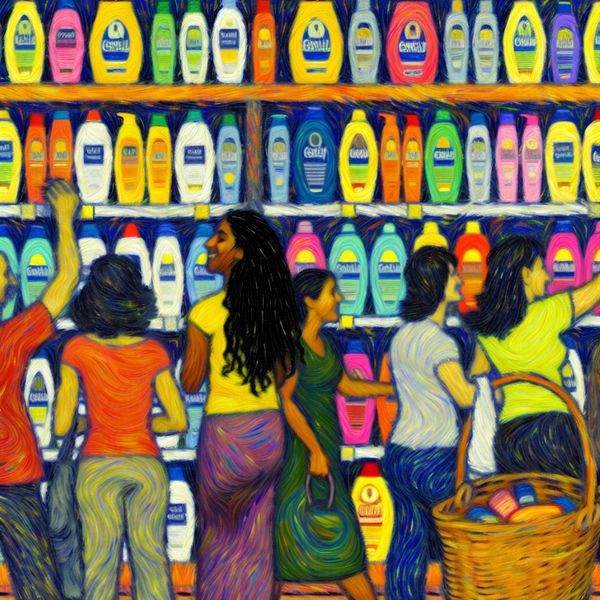 Een jonge vrouw kiest een shampoo uit in een drukke supermarktgang met kleurrijke producten op de planken.