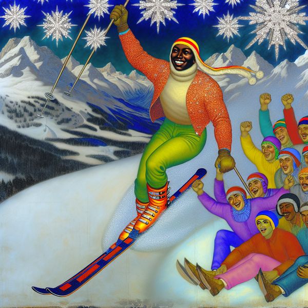 Vrolijke ski scène in de Alpen Skier in bright winter gear racing down a snowy slope in the Alps with fluffy snowflakes falling around