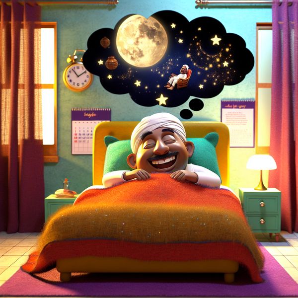 Een cartoonachtige slaapkamer met een personage dat vredig slaapt omringd door fluffy kussens en warme dekens, met dromerige beelden zoals sterren en een glowende maan.