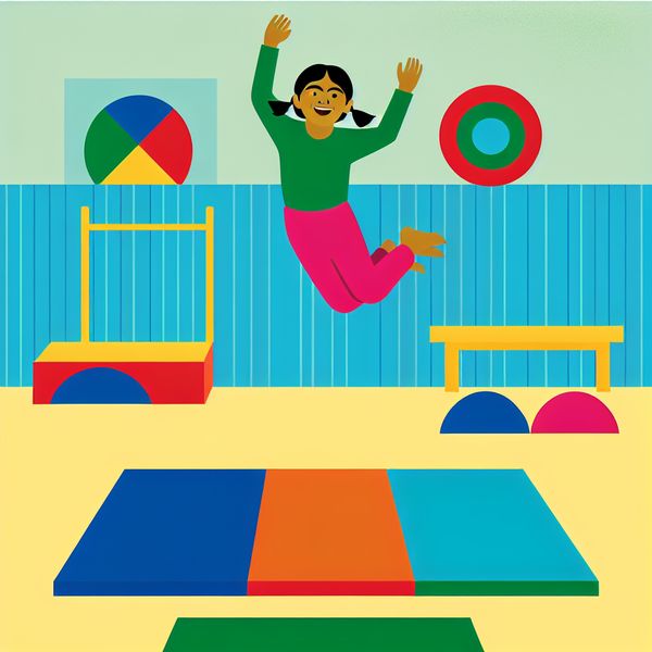 Een blije kind maakt een grote sprongetje in een gymles