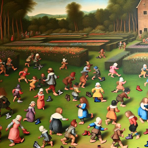 Vrolijke tuin met kinderen en verkleinwoorden Speelse tuin met kinderen die vrolijk spelen en kleine voeten symboliseren, geïnspireerd door Jan Steen.