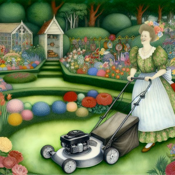Vrolijke tuin scènewerk met elektrische grasmaaier Een persoon maait gras met een elektrische grasmaaier in een kleurrijke tuin vol bloemen.