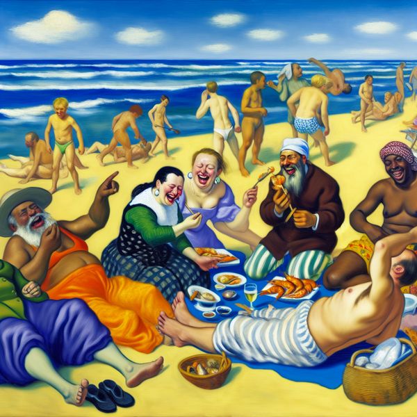 Vrolijke groep mensen genietend van een zonnige vakantie aan zee met vers zeebanket en gelach, geschilderd in de levendige stijl van Frans Hals