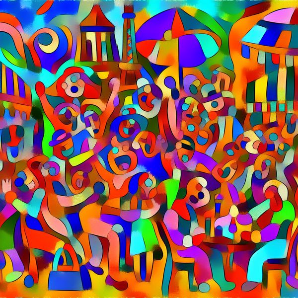 Vrolijke Vakantieherinnering in Frankrijk Abstracte kleurige afbeelding van een vrolijke vakantieherinnering in Frankrijk met kinderlijke figuren en herkenbare bezienswaardigheden.