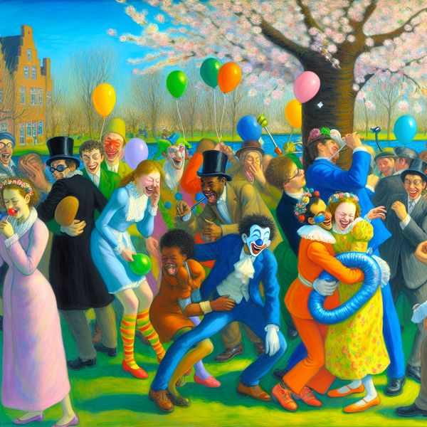 Vrolijke viering van 1 april in het park Groep mensen die plezier maken en grappen uithalen tijdens een feestelijke viering op de eerste dag van april in een levendig park