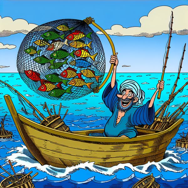 Vrolijke cartoon van een visser op zee met vistechnieken Een vrolijke cartoonafbeelding van een visser op een boot in de oceaan, omringd door verschillende visnetten en uitrusting, terwijl hij een net vol kleurrijke vissen binnenhaalt.