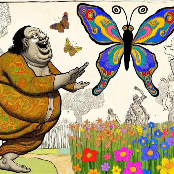 Vrolijke Vlinder in Tuin als Symbool van Vrijheid Een grote, kleurrijke vlinder met ingewikkelde patronen zweeft boven een weelderige tuin vol bloemen, terwijl een vrolijk personage omhoog kijkt.