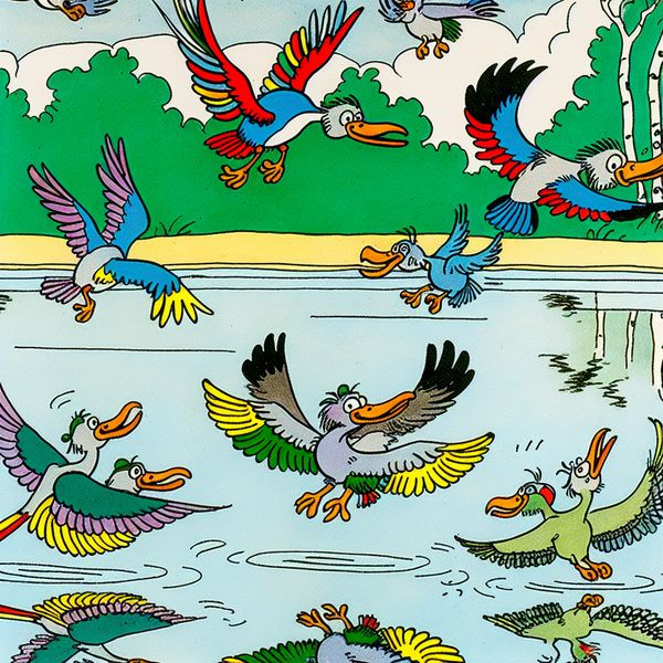 Vrolijke Vogels Fladderen Boven Water Vrolijke cartoonafbeelding van vogels die fladderen boven kalm water, met kleurrijke veren en speelse gezichten.
