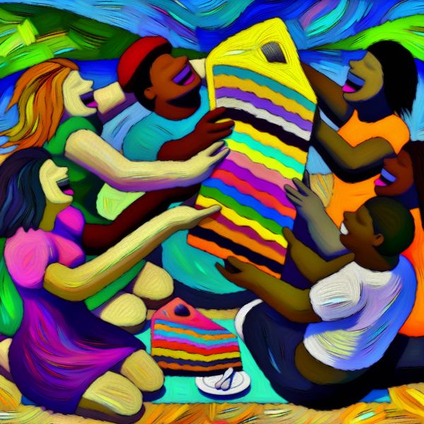 Vrolijke vrienden delen cake tijdens picknick - abstracte kunst Abstract kleurrijke afbeelding van vrienden die vrolijk cake delen tijdens een levendige picknick in de buitenlucht.