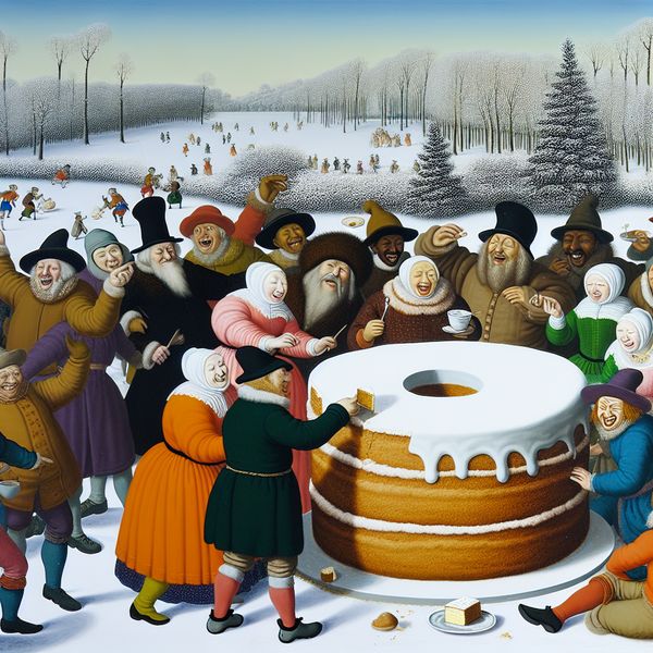 Vrolijke vrienden delen een grote taart tijdens een winterfeest in de sneeuw.
