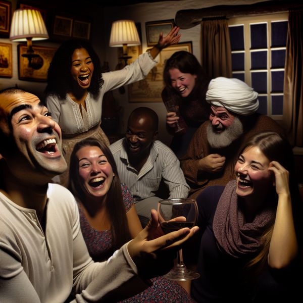 Een vrolijke bijeenkomst in een gezellige woonkamer waar vrienden lachen en genieten van elkaars gezelschap.