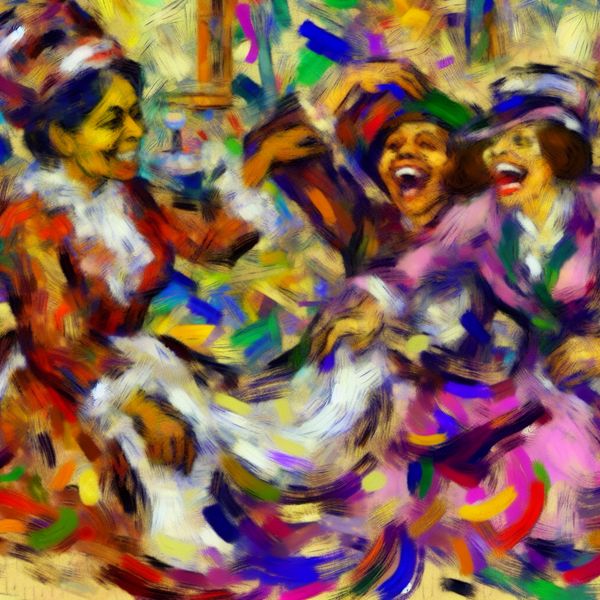 Vrolijke vriendschap in abstracte expressieve stijl Abstracte expressie van een vrolijk samenzijn met twee lachende vrouwen die vriendschap tonen.