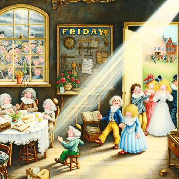 Een vrolijke afbeelding van een les in een vintage klaslokaal op vrijdag, met blije kinderen en kleurrijke schoolspullen.
