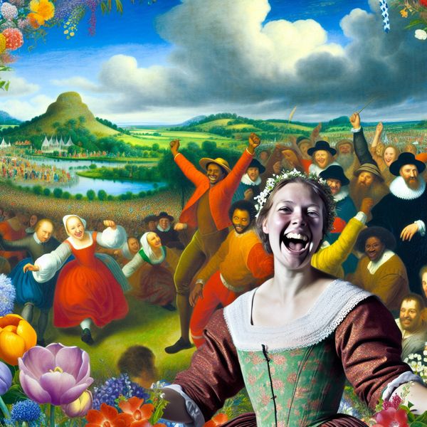 Vrolijkheid en Feestelijke Sfeer in de Natuur Vrolijke jonge vrouw met een stralende glimlach op een buitenfeest, omringd door kleurrijke versieringen en dansende mensen, met een prachtig landschap op de achtergrond.