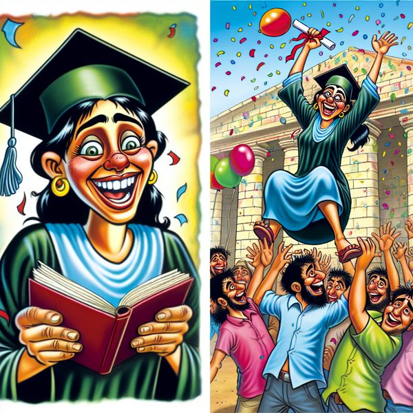 Vrolijke vrouw met diploma viert recentelijk examen Een jonge vrouw met een diploma, lachend buiten een schoolgebouw, omringd door ballonnen en confetti terwijl vrienden haar succes vieren.