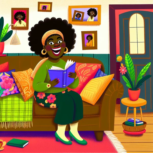 Vrolijke vrouw in gezellige woonkamer met boek en thee Een vrolijke vrouw die op een bank zit, lachend en een boek leest terwijl ze omringd wordt door kleurrijke kussens in een gezellige woonkamer.