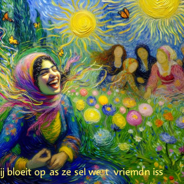 Vrolijke vrouw met vrienden in kleurrijke bloementuin Jonge vrouw lacht omringd door vrienden in een bloeiende tuin vol kleurrijke bloemen.