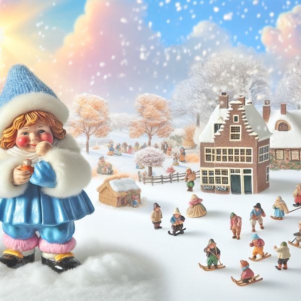 Vrolijke winterse kinderthemed afbeelding met medicijn Een blije winterse scène met een kind in een kleurrijke winteroutfit, dat een klein medicijnflesje vasthoudt voor een sneeuwbedekte cottage.
