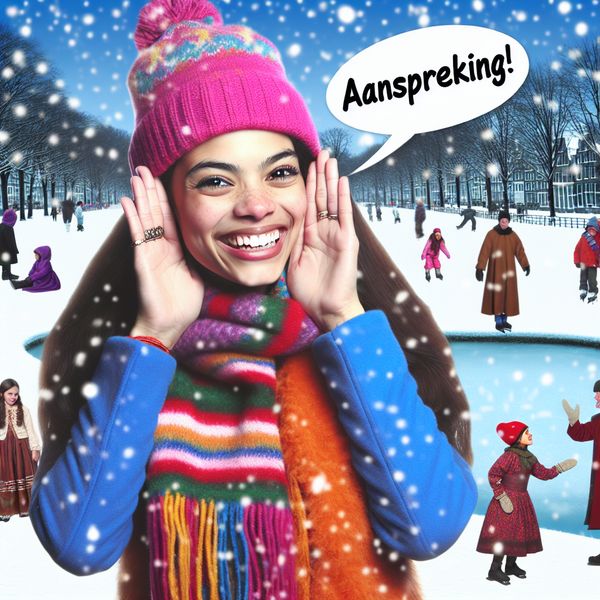Vrolijke winterse scène met zus in besneeuwd park Vrolijke winterse scène van een jonge vrouw die haar zus roept in een besneeuwd park, met spelende kinderen en schaatsende volwassenen op de achtergrond.