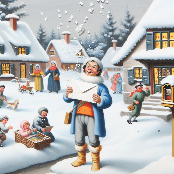 Vrolijke wintercommunicatie: Een brief ontvangen in de sneeuw Een blije persoon met een envelop in de hand voor een sneeuwbedekt huis, omgeven door een winterlandschap en vrolijke figuren die buiten spelen.
