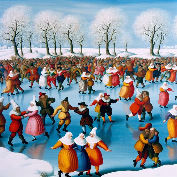 Een groep mensen danst op een bevroren meer in de winter, gekleed in kleurrijke winterkleding, met een muzikant in de buurt.