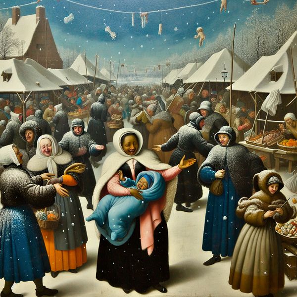 Vrolijke wintermarkt met mensen in warme jassen en lekkernijen Vrolijke wintermarkt met mensen in warme kleding, een moeder geeft een warme jas aan haar blije kind, terwijl sneeuwvlokken vallen.