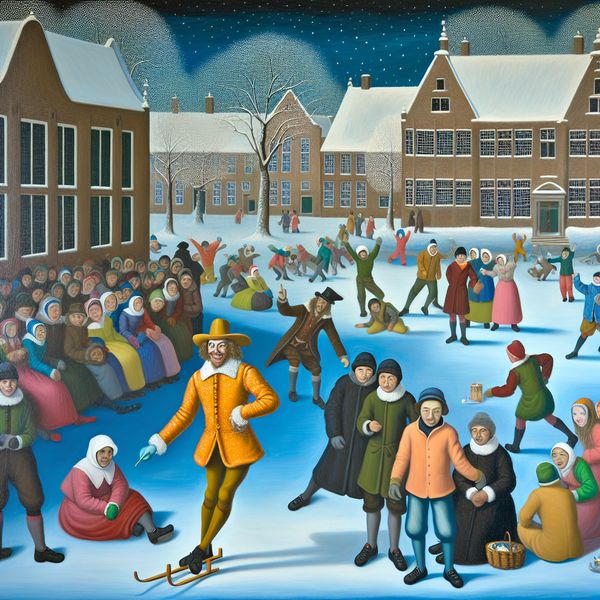 Vrolijke Winterschoolplein Scène met Leerlingen en Opschepper Een levendig winterschoolplein met leerlingen die actief bezig zijn te midden van vallende sneeuwvlokken, terwijl een opvallende student opschept over zijn dure auto.