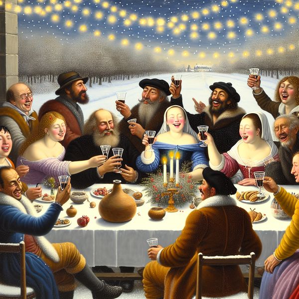 Een kleurrijke winterse tafereel met vrienden die samen aan een gedekte tafel zitten, versierd met feestelijke decoraties, terwijl sneeuwvlokken vallen.