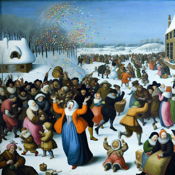 Vrolijke winterse festiviteit met confetti gooien Een vrouw gooit met vreugde kleurrijke confetti de lucht in tijdens een winterfestival, omringd door lachende mensen die genieten van diverse activiteiten.