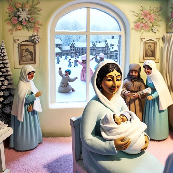 Vrolijke winterse geboorte in een ziekenhuiskamer Een moeder met een warm glimlach houdt haar pasgeboren baby vast in een sfeervolle ziekenhuiskamer met pastelkleuren en een besneeuwd uitzicht.