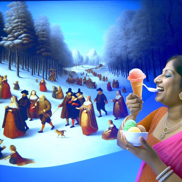Vrouw geniet van een kleurrijke ijsje in een winterse omgeving met sneeuwbedekte bomen en een blauwe lucht.