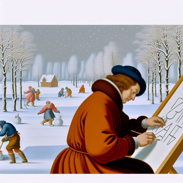 Vrolijke winterse opmaak creatieve ontwerp Een blije ontwerper tekent elegante letters op papier in een winters landschap
