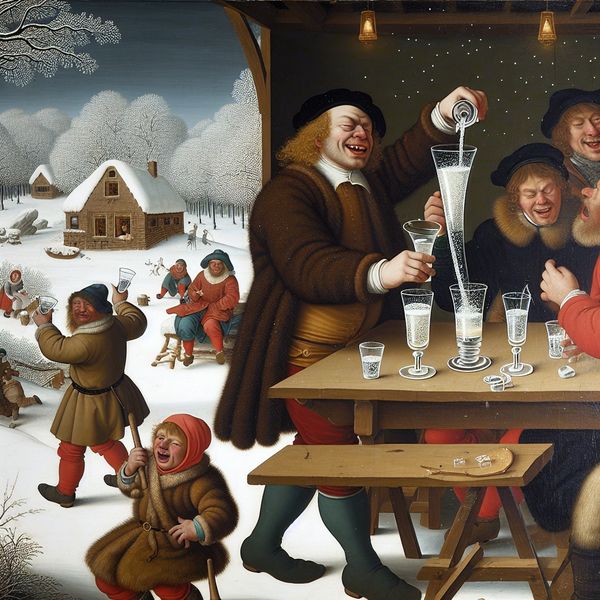 Vrolijke winterse scène met een persoon die een glas vult Een winterse scène waarin een persoon glimlacht terwijl hij een hoog glas met bruisend drankje vult, omringd door blije gasten