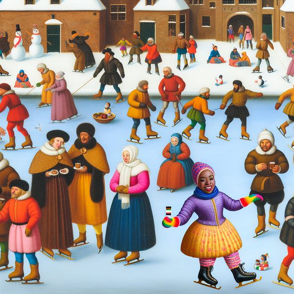 Vrolijke winterse schaatsactiviteit in de geest van Hendrick Avercamp Winterlandsechap met vrolijke figuren die schaatsen op een bevroren vijver, eentje lacht met een vierde prijs.
