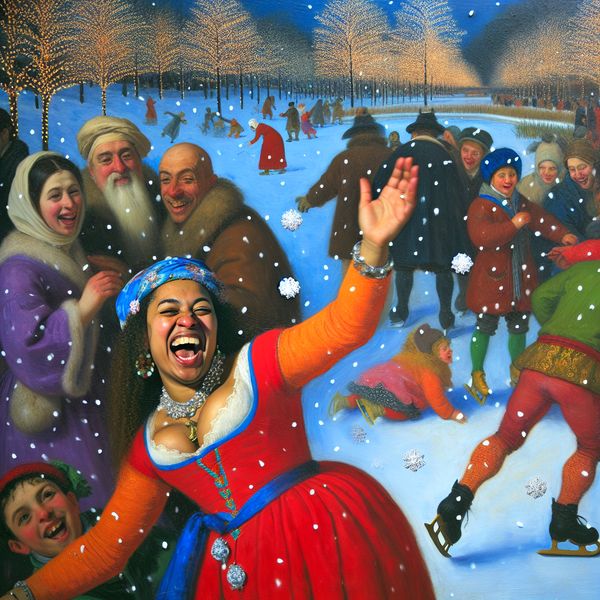Een levendige winterse scène met een groep vrolijke mensen die samenkomen rond een feestelijke verjaardagsviering, met sneeuw die wordt gegooid en blije gezichten.