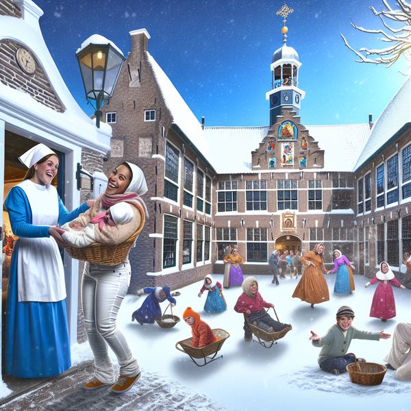 Vrolijke Winterse Vrijlating in een Ziekenhuistuin Een vrolijke verpleegster begeleidt een jonge vrouw die uit het ziekenhuis komt, terwijl kinderen in de sneeuw spelen.