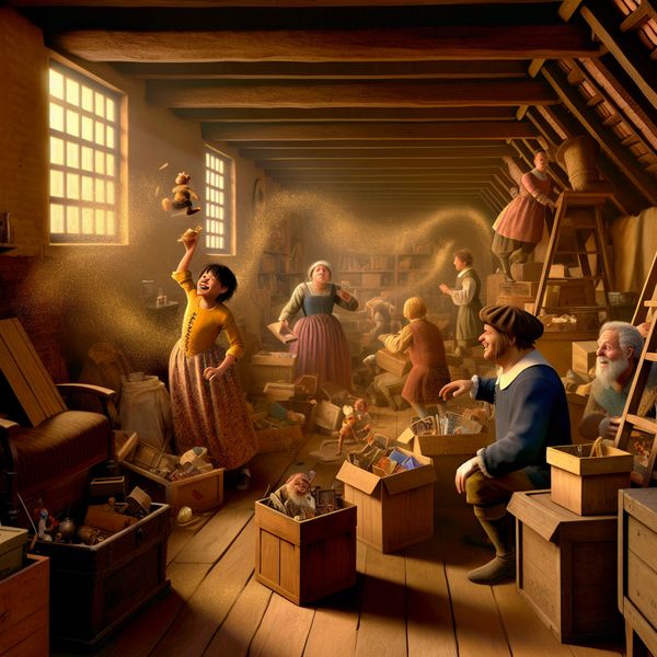 Vrolijke zolderopruiming in de stijl van Jan Steen Een drukke zolder met een familie die vrolijk bezig is met opruimen, omringd door oude meubels en speelgoed.