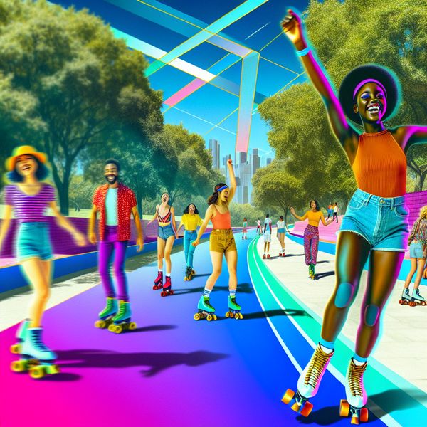 Vrolijke zomerscene met rolschaatsende kinderen in het park Een jongen die vrolijk twirls op rolschaatsen in een park met vrienden.