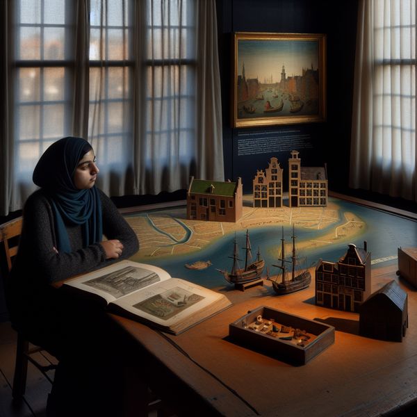 Amsterdamse geschiedenis feitjes voor taalleerders Een jonge vrouw zit aan een houten tafel met een oude kaart van Amsterdam en interessante objecten die het verleden van de stad vertegenwoordigen.