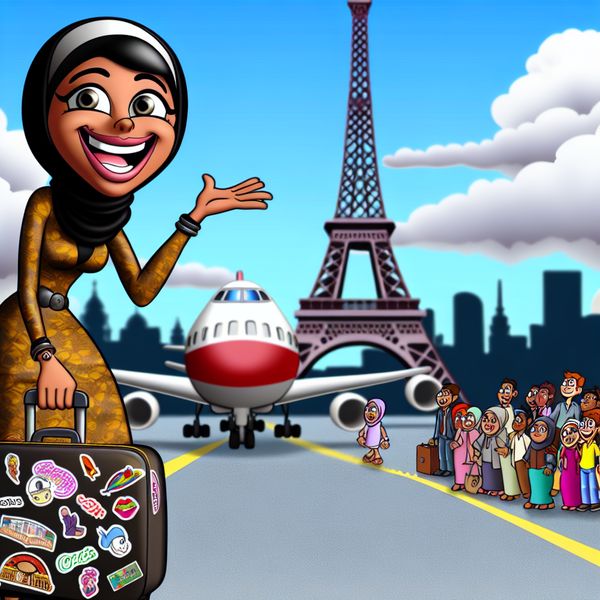 Vrouw komt aan op Parijse tarmac met Eiffeltoren Vrolijke vrouw stapt van een vliegtuig op een levendige Parijse tarmac, omringd door iconische bezienswaardigheden zoals de Eiffeltoren.
